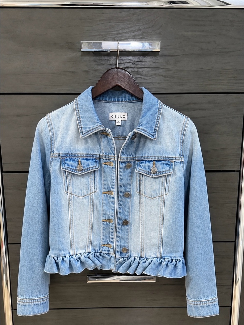CELLO Light Wash Ruffle-Hem Denim Jacket
